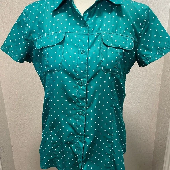 Magellan Outdoors Teal Polka Dot Button Down Shirt - Picture 2 of 5